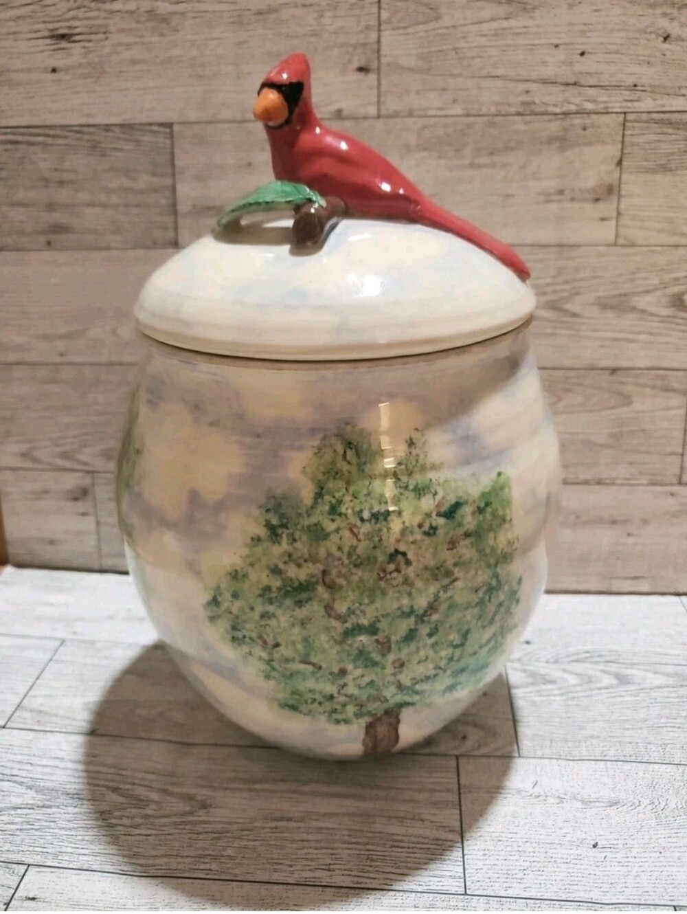 Cardinal Nature Trees Clouds Sunflowers  Ceramic Cookie Jar Artist Signed